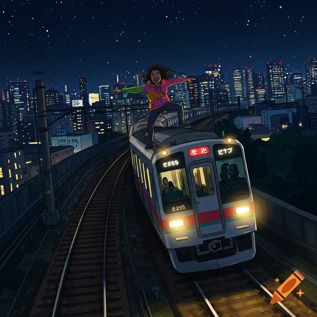 Illustration of a person standing on top of a train car at night with a city skyline background.
