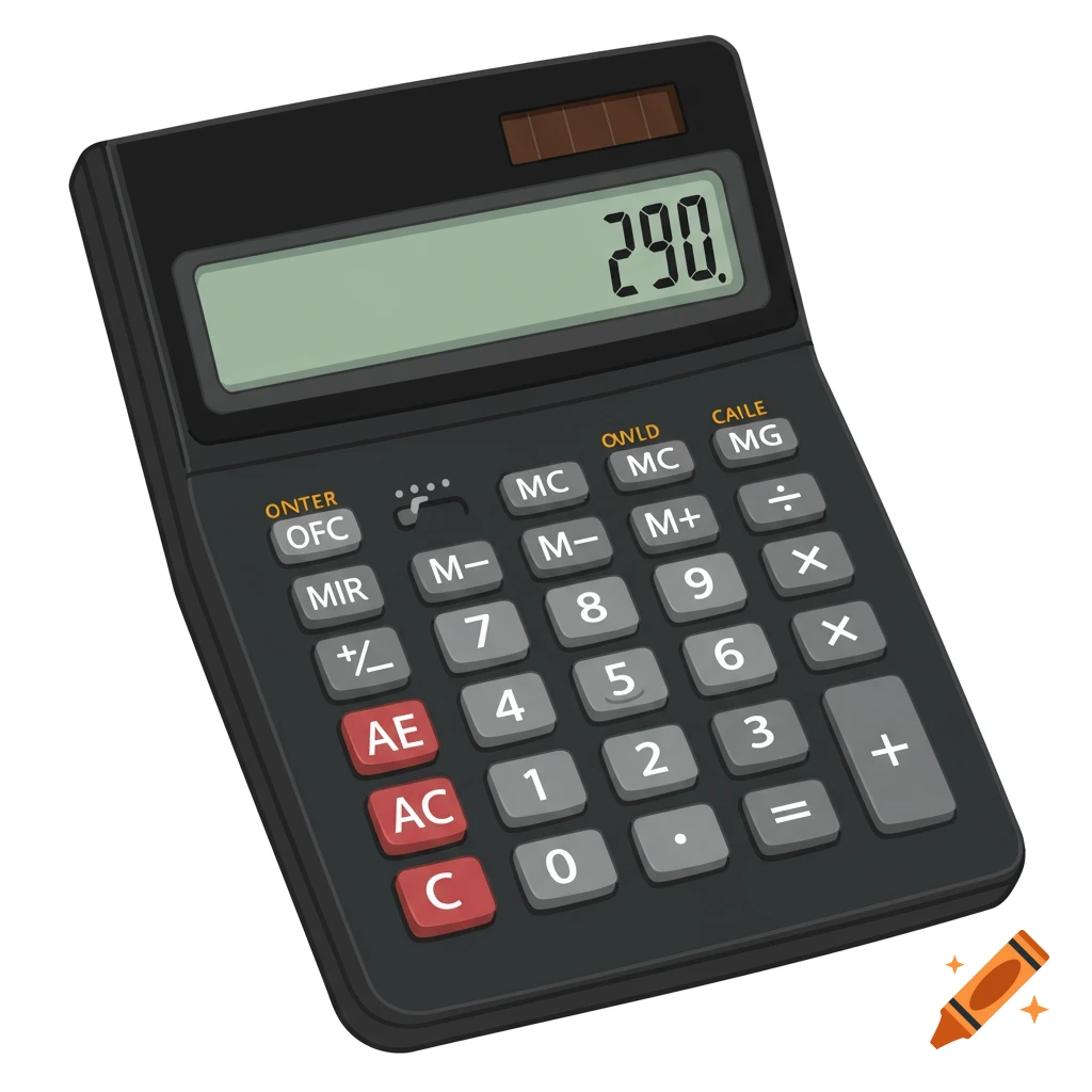 A black calculator with a digital display showing 290. and various buttons.