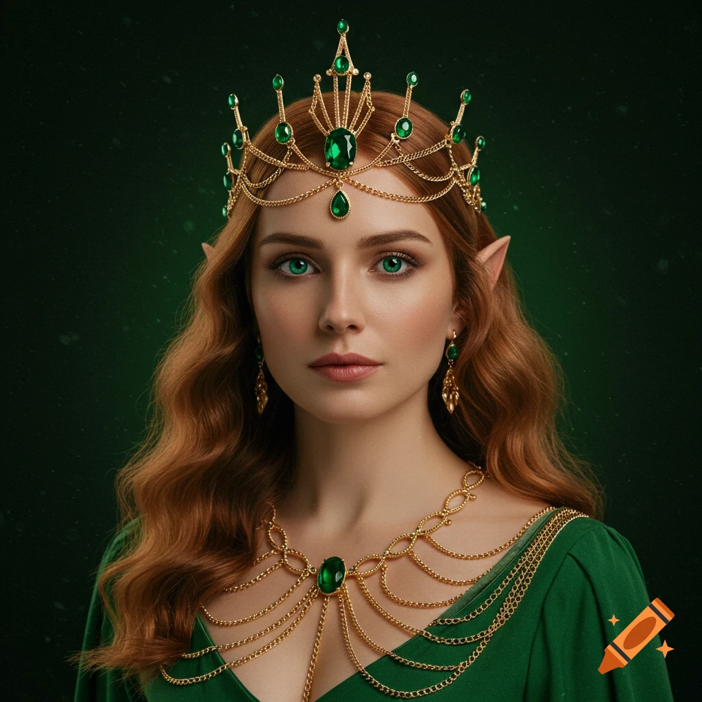 An elf queen with red hair, green eyes, wearing an emerald crown and gold jewelry.