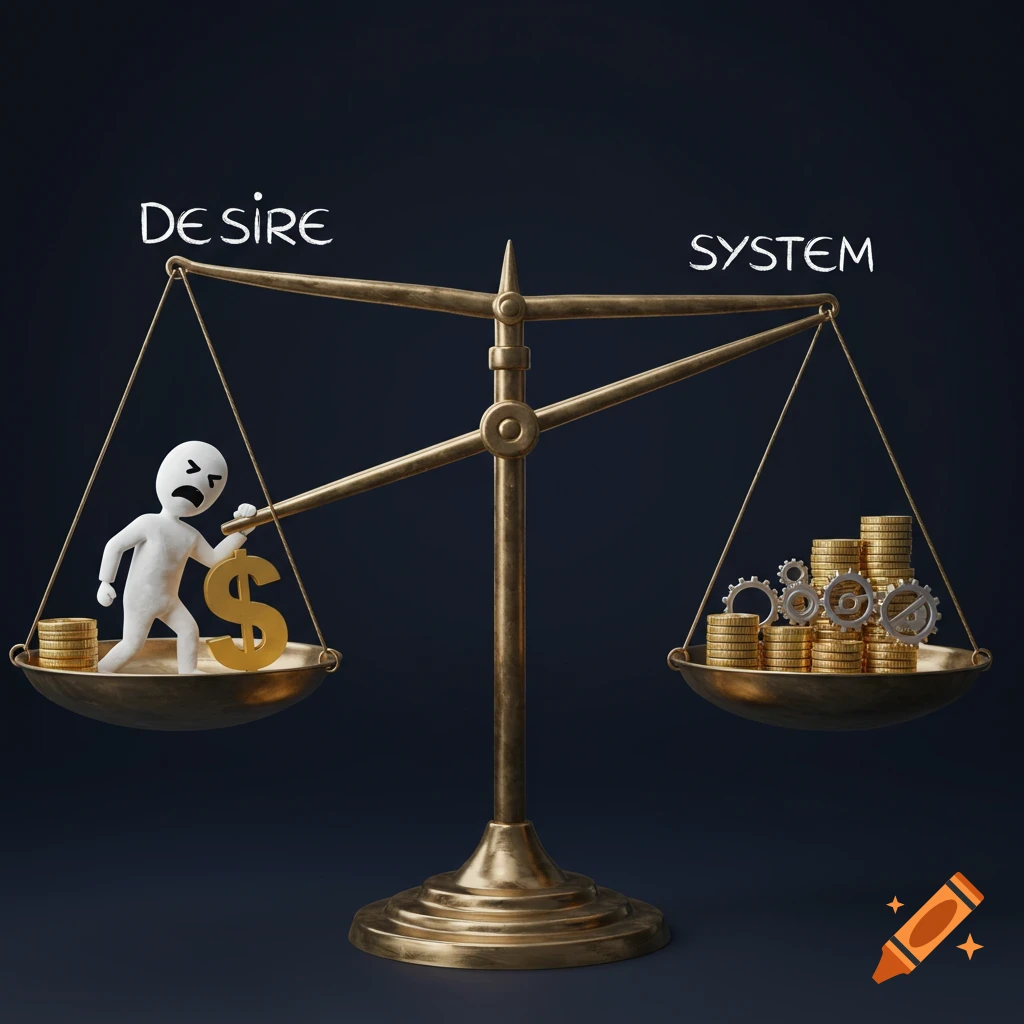 A balance scale shows 'SYSTEM' side with coins and gears outweighing the 'DESIRE' side with a figure holding a dollar sign.