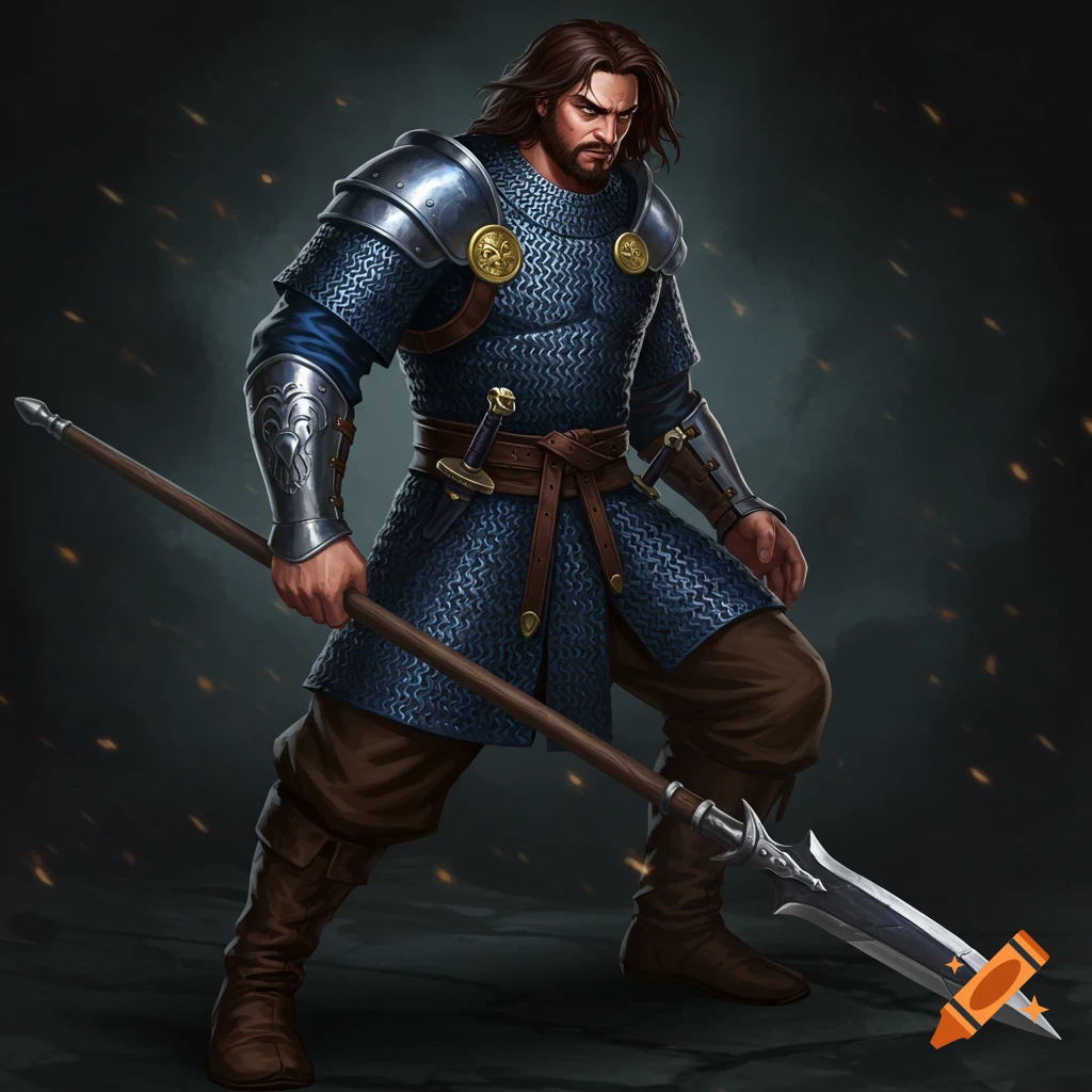A fantasy warrior in blue chainmail armor holds a spear.