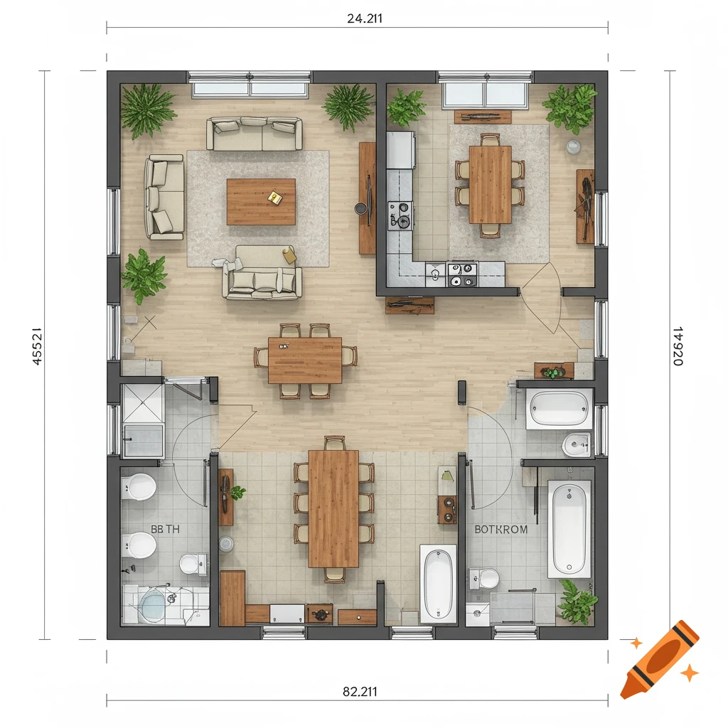 Top-down architectural floor plan of a house layout with rooms and furniture