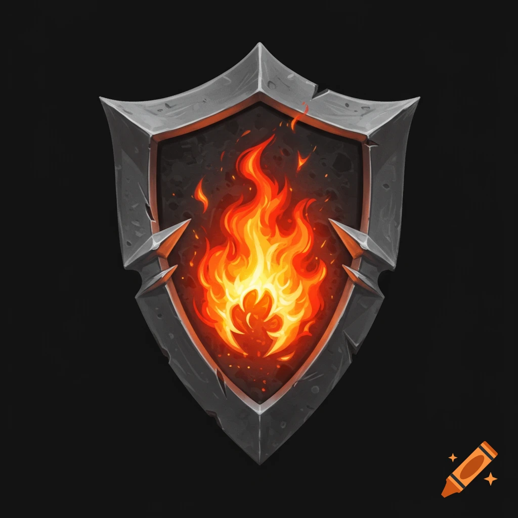 A stylized grey shield emblem with a fiery core.