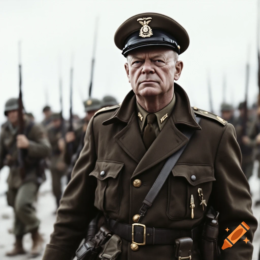 A military general in uniform stands on a beach with soldiers marching behind him.