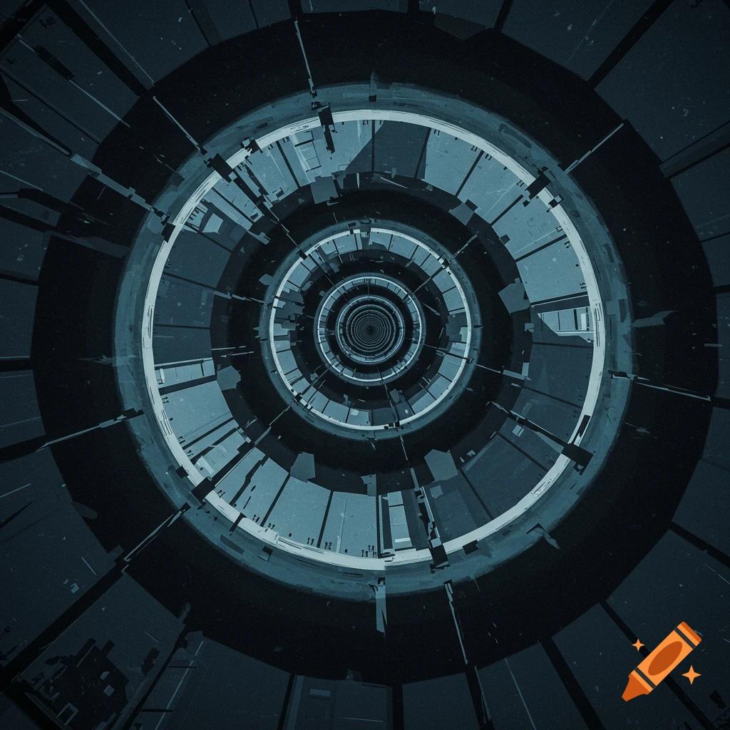 An abstract view down a dark, fragmented geometric spiral tunnel.