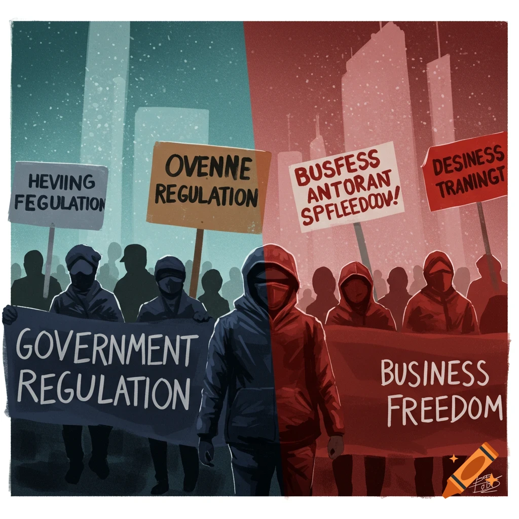 Stylized illustration of two groups of protestors facing each other, one side holding a banner saying "GOVERNMENT REGULATION" and the other "BUSINESS FREEDOM".