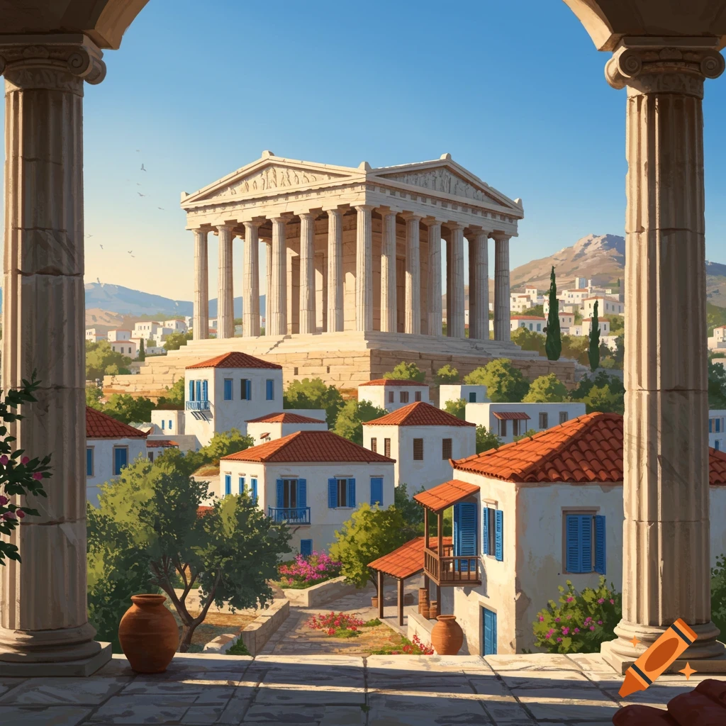 Ancient Greek temple on a hill overlooking a town, framed by large columns.