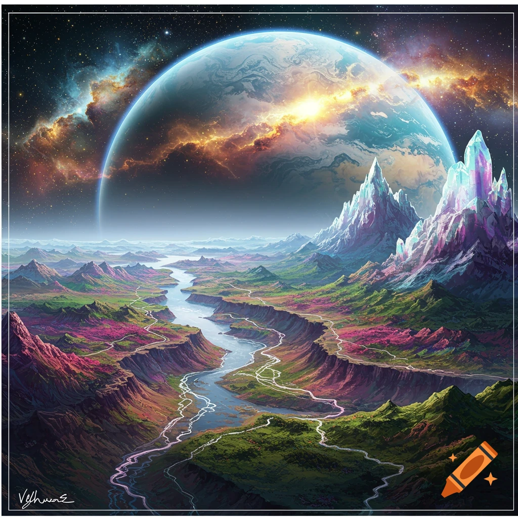 Vibrant fantasy landscape with a large planet in the sky, river, and colorful mountains.