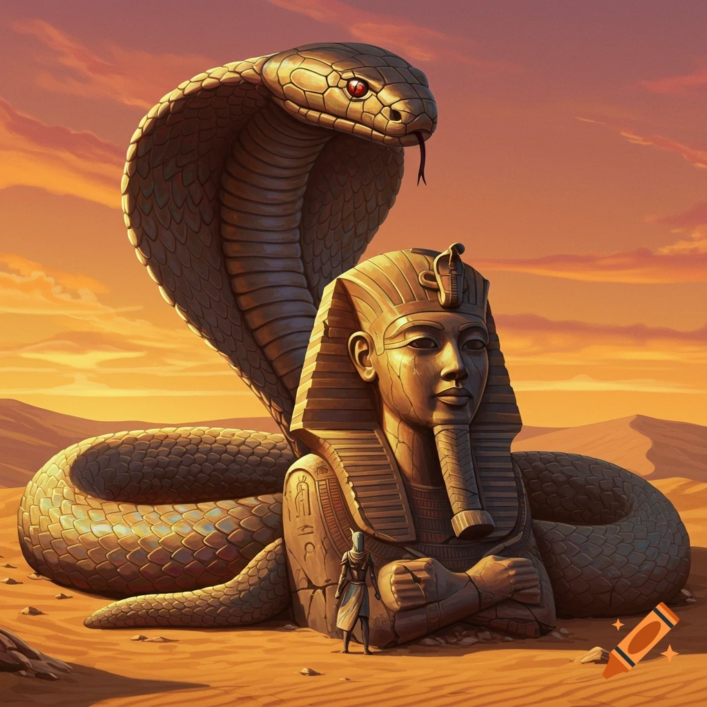 Giant statue of a king cobra wrapping around an Egyptian statue