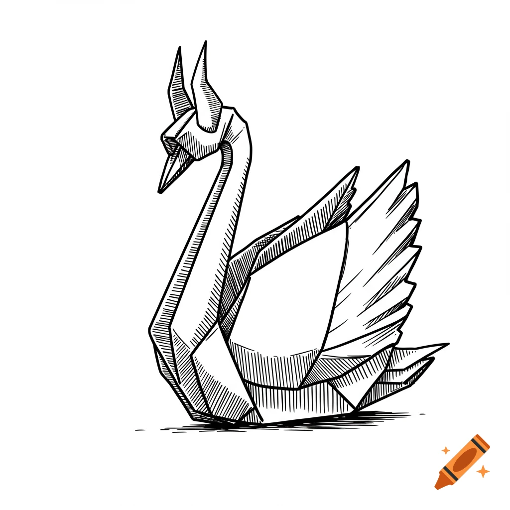 Black and white line drawing of an origami swan with horns.