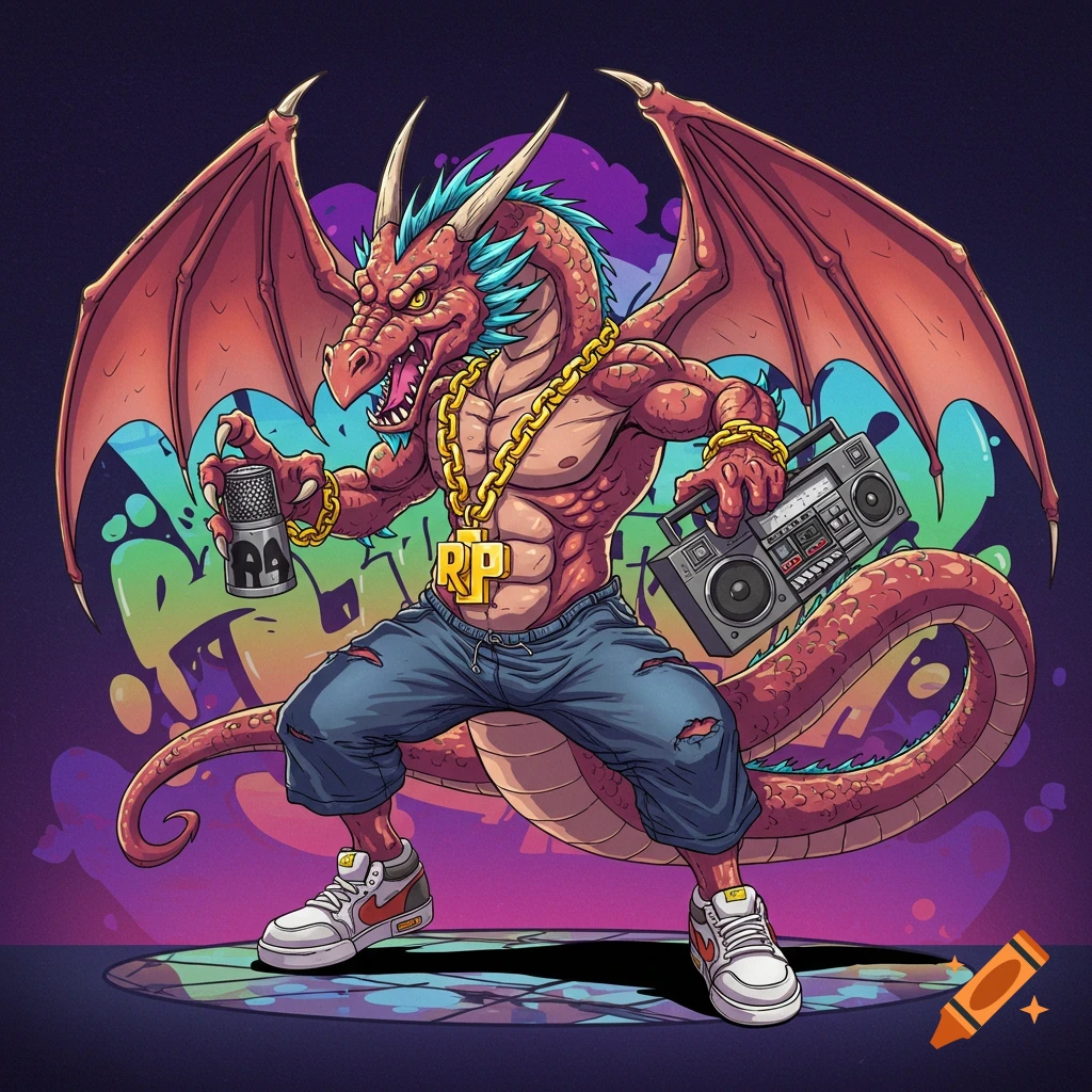 A muscular red dragon wears ripped jeans, gold chains, and holds a microphone and boombox in an illustrated style.