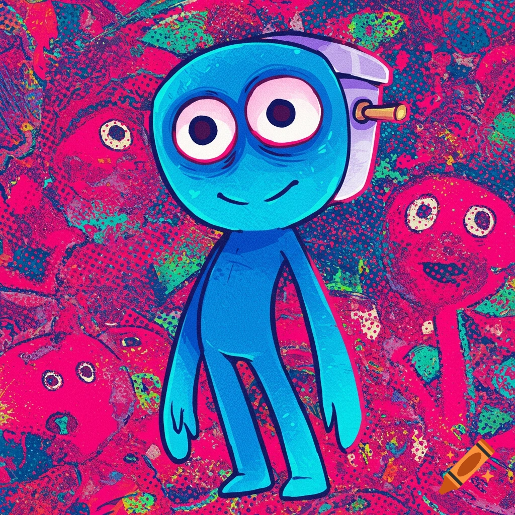 A blue cartoon creature with big eyes and a toilet tank on its head stands against a colorful, abstract background.