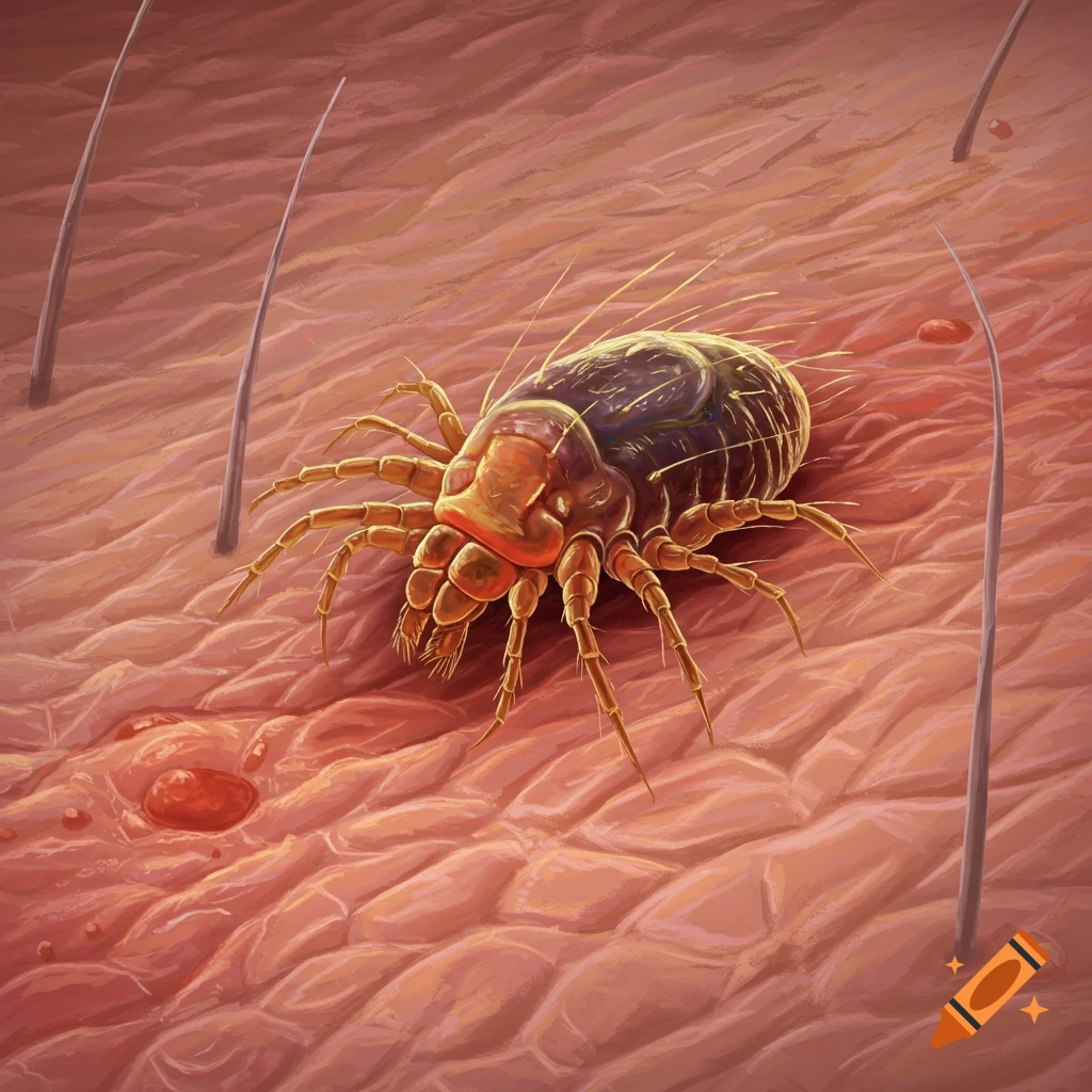 Close-up illustration of a scabies mite on human skin with hair follicles