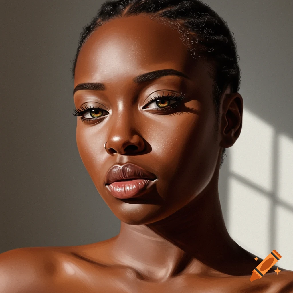 Close-up portrait of a young Black woman with braided hair, hazel eyes, and plump lips, lit by sunlight.