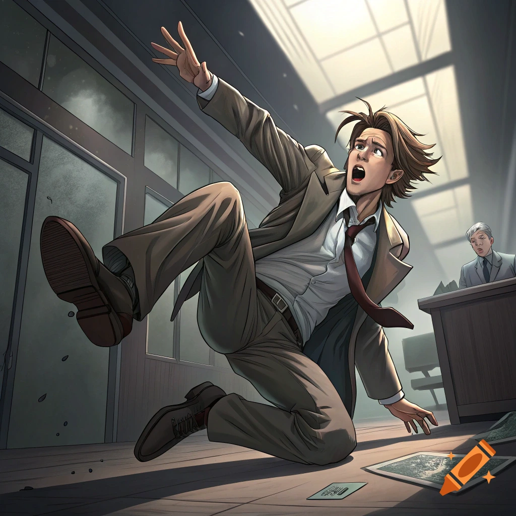 Anime style illustration of a man in a suit falling backwards in an office