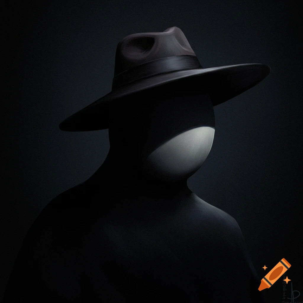 A dark, shadowy figure wearing a fedora hat, with only a portion of the face illuminated by light, against a dark background.