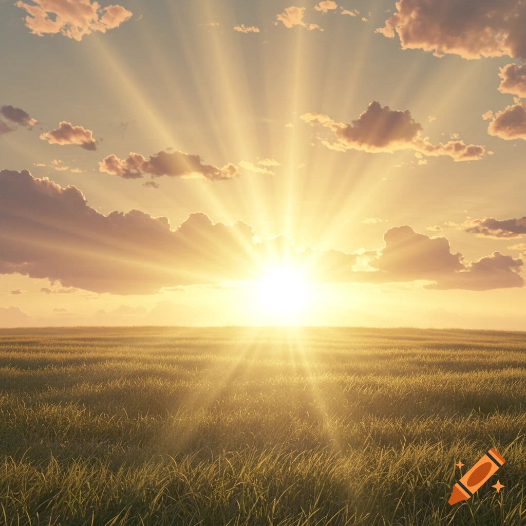 Studio Ghibli-style sunrise over a meadow with golden and pink hues