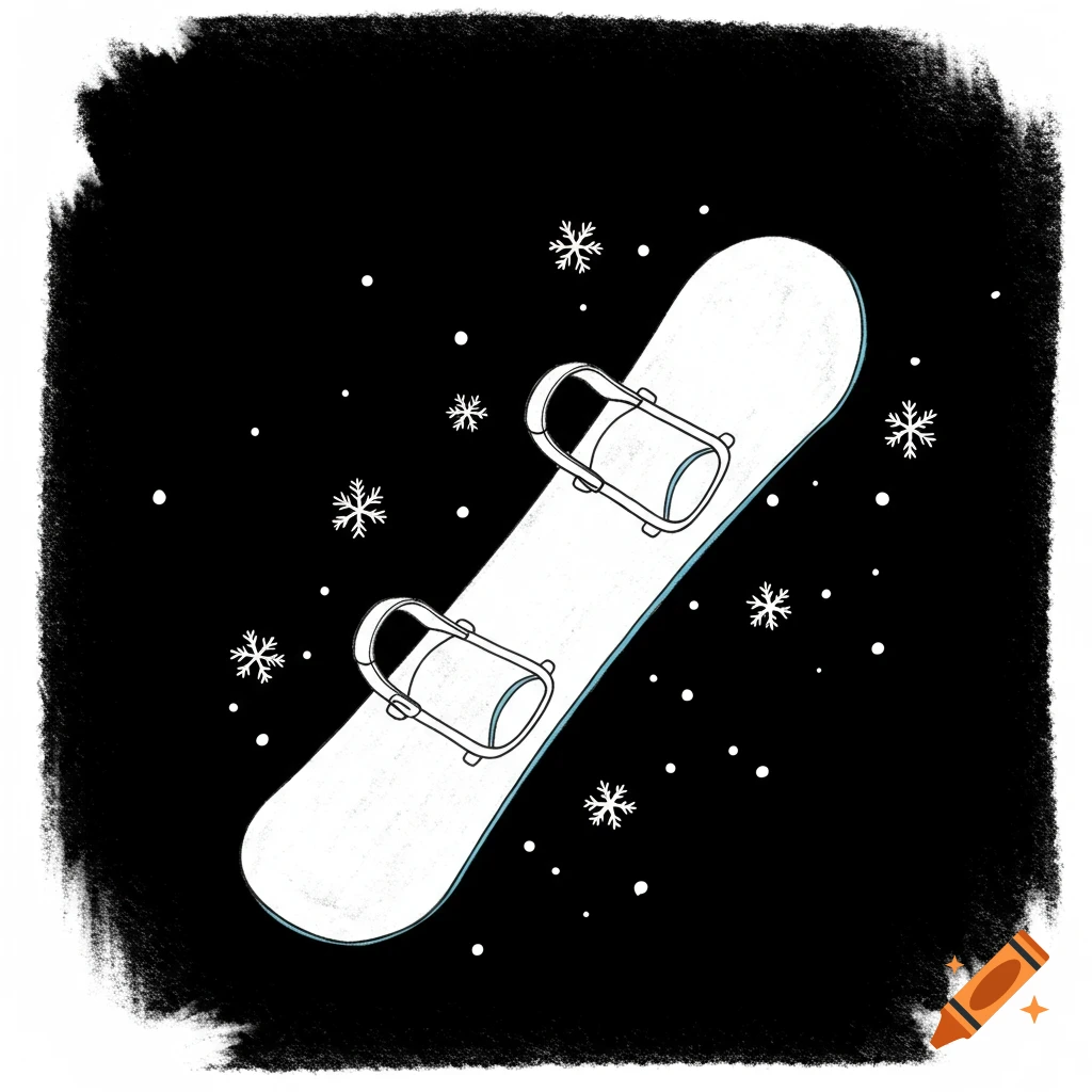 Simple illustration of a snowboard and snowflakes on a black background.