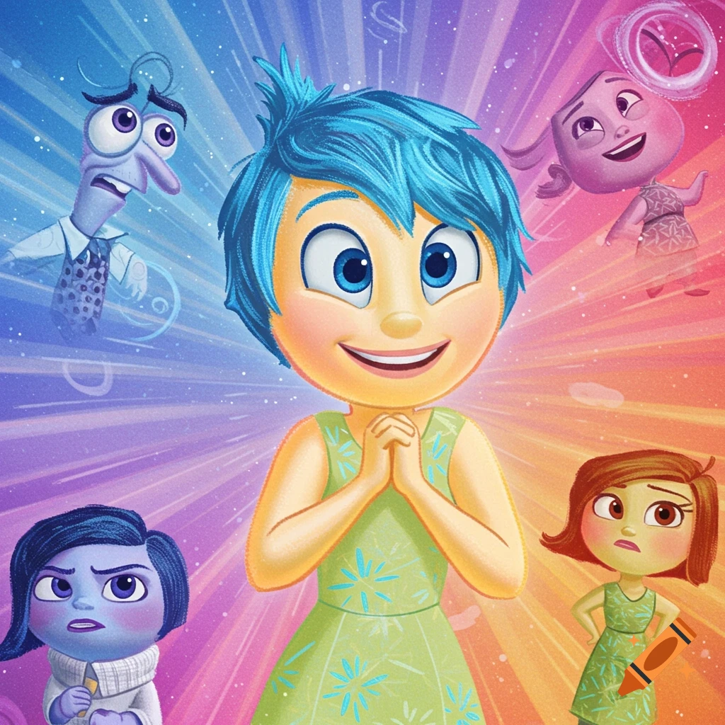 Cartoon illustration of Inside Out characters including Joy, Fear, Anger, Sadness, and Disgust.