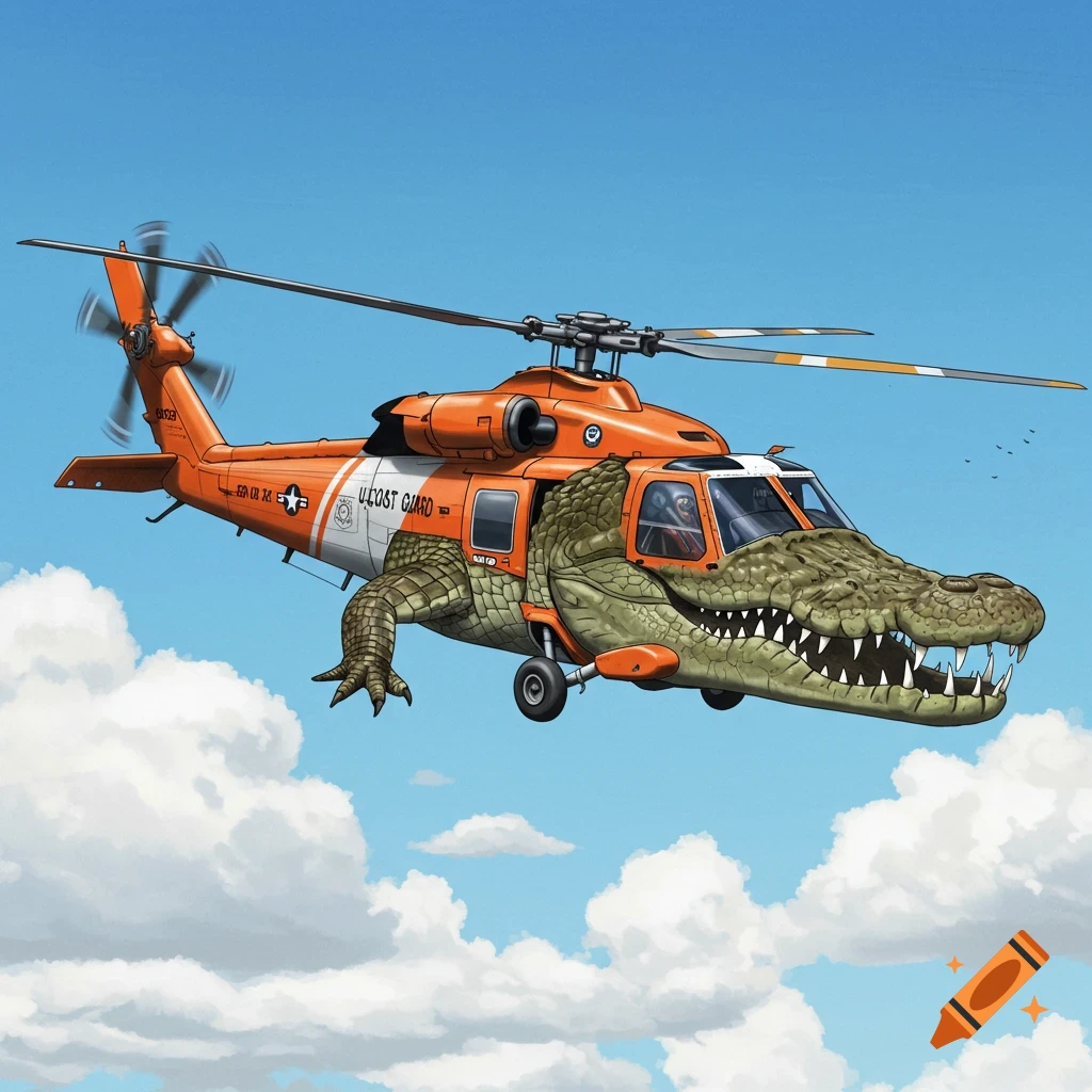 Orange and white US Coast Guard Jayhawk helicopter with a crocodile head cockpit.