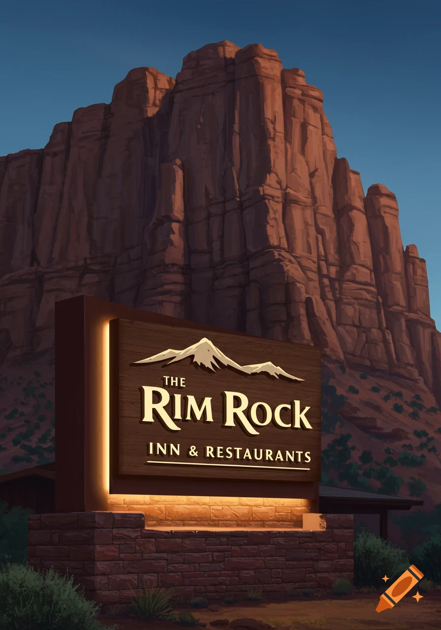 Sign for The Rim Rock Inn & Restaurants in front of a large mesa at dusk.