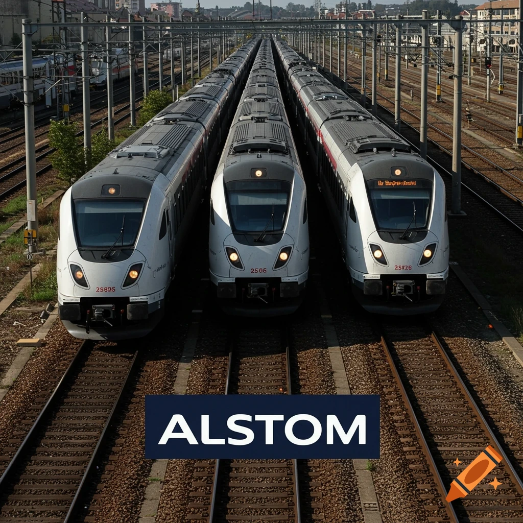 Three white and grey trains on parallel tracks seen from above, with an 'ALSTOM' logo overlaid.