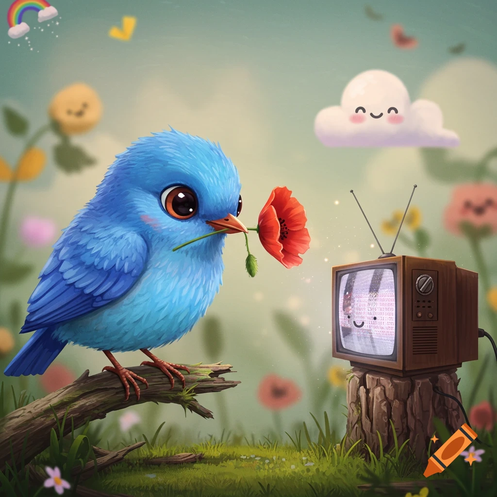 Bird holding a flower watching TV