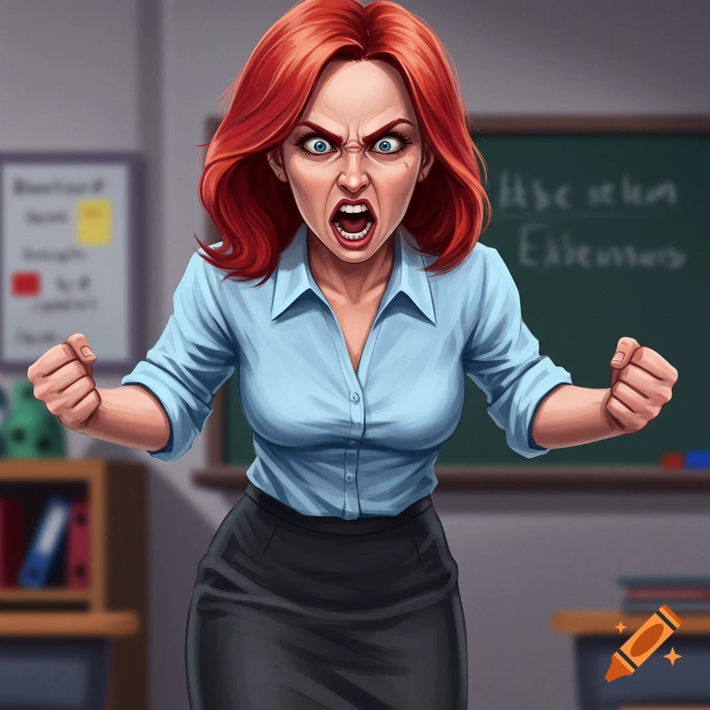 Angry red-haired teacher shouting with clenched fists in a classroom, cartoon style.