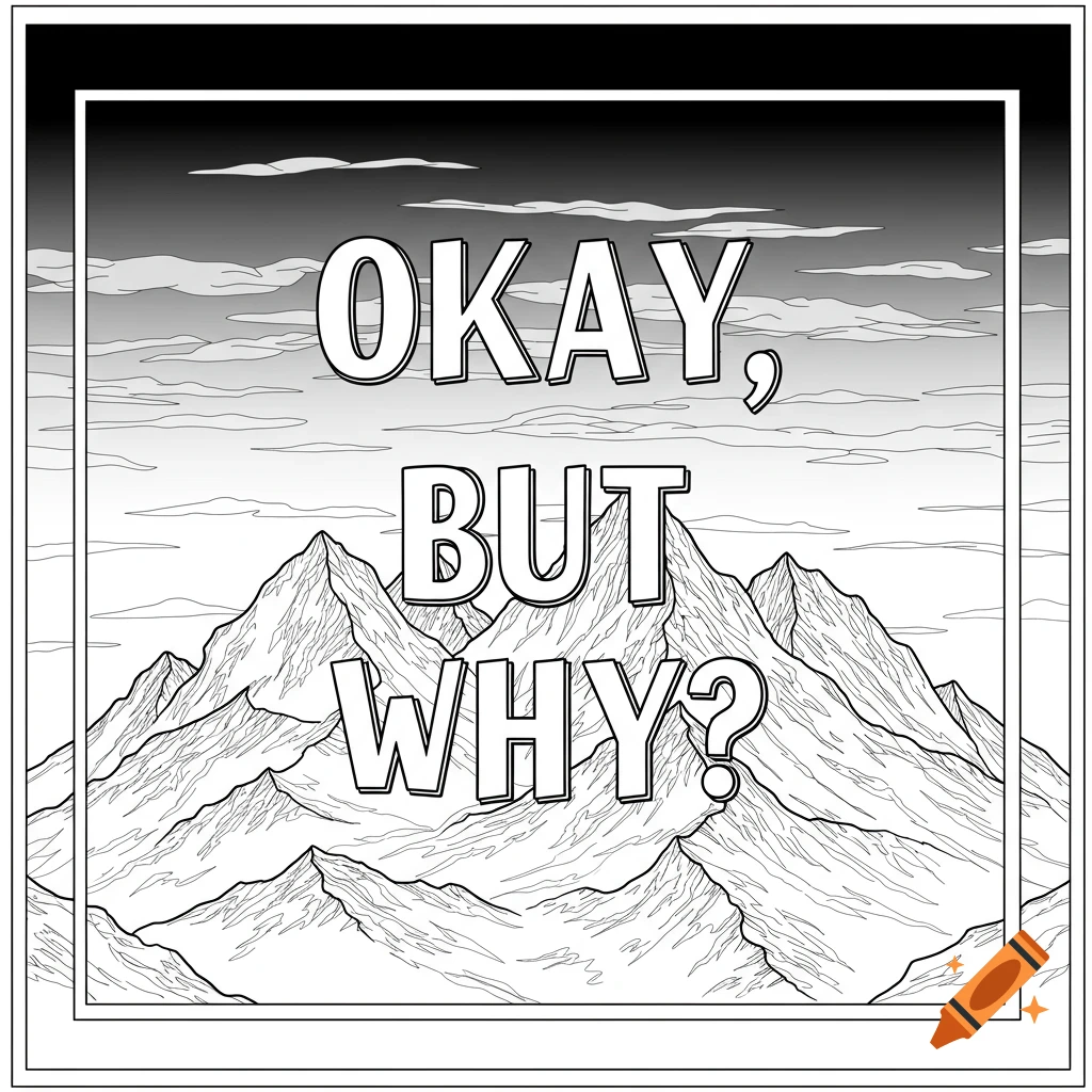 Coloring page of inspirational poster "Okay, but why?" with mountains