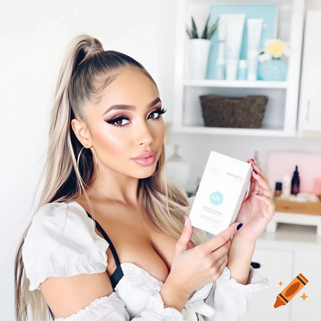 A woman resembling Ariana Grande holds a skincare box.