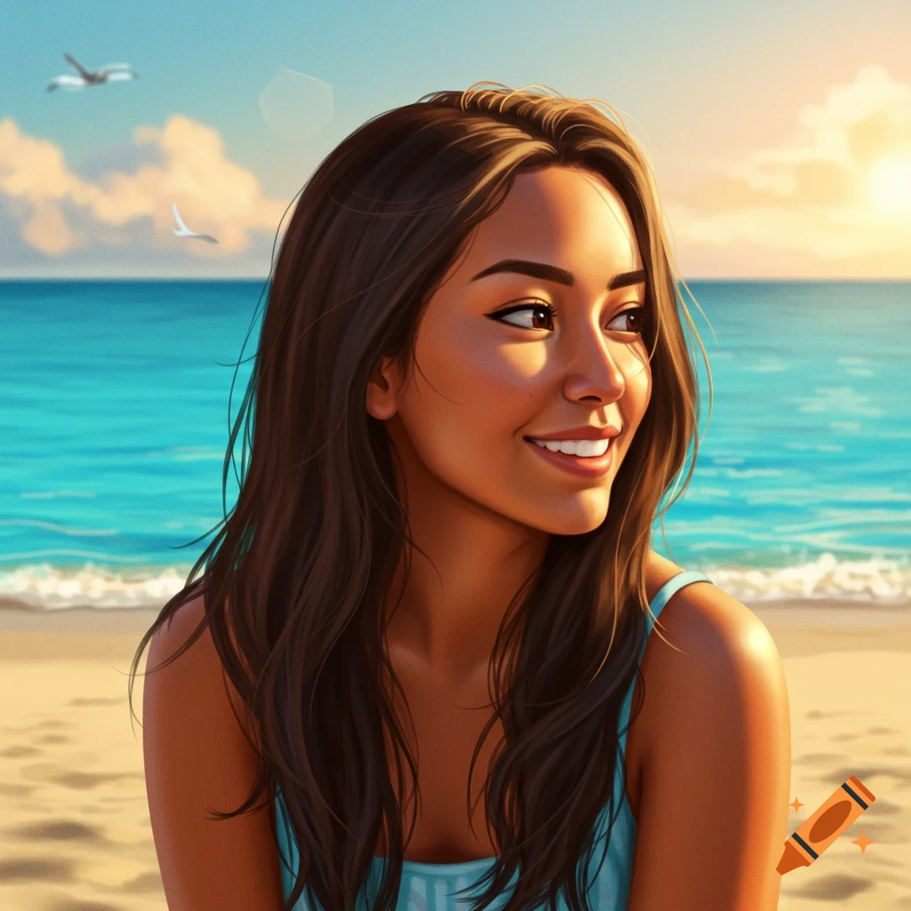 Stylized portrait of a smiling young woman on a beach