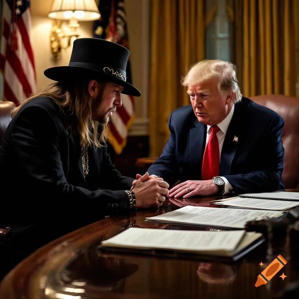 Kid Rock and Donald Trump sit across a desk in the Oval Office, appearing to discuss papers.
