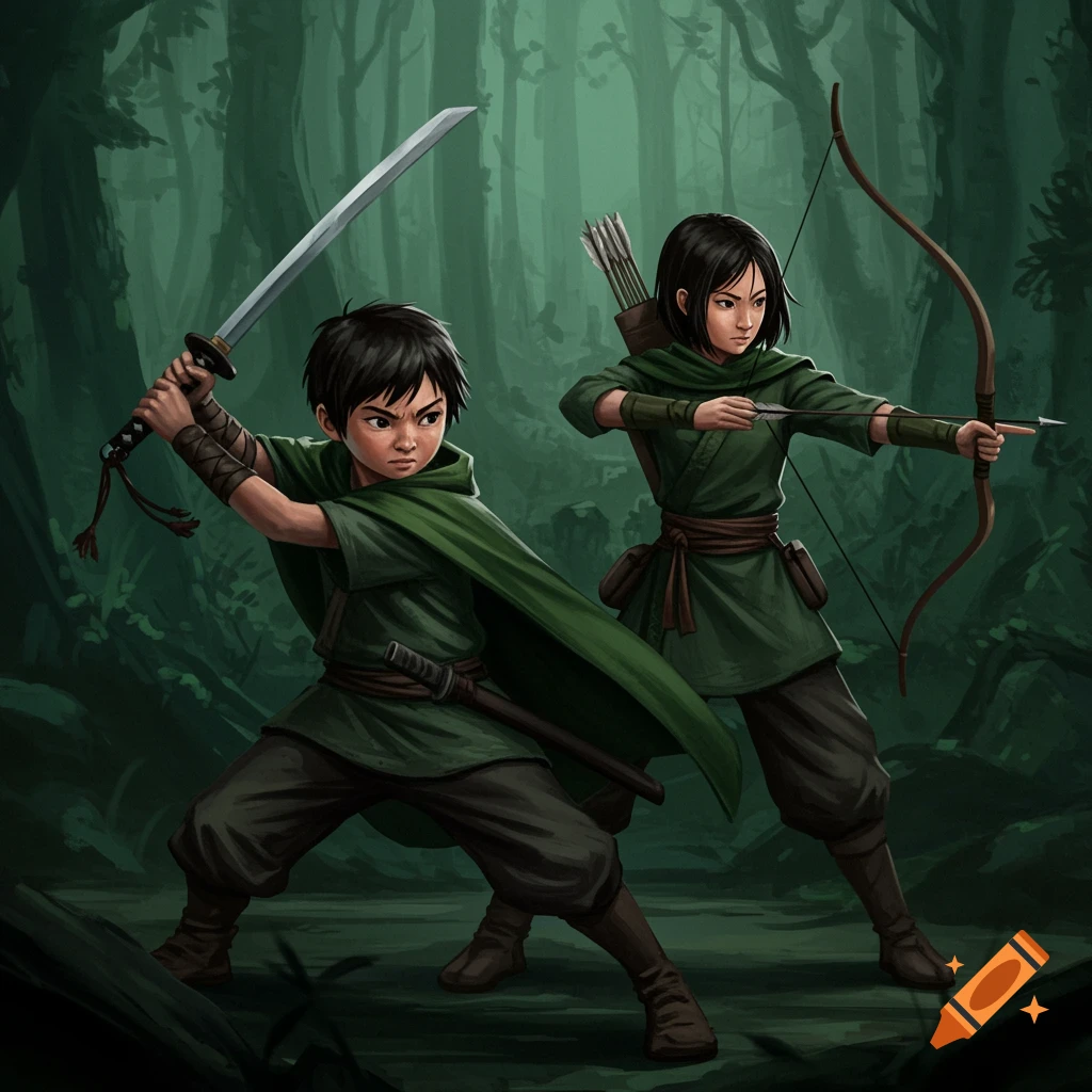 Two young warriors in green cloaks in a forest, one with a sword and one with a bow.