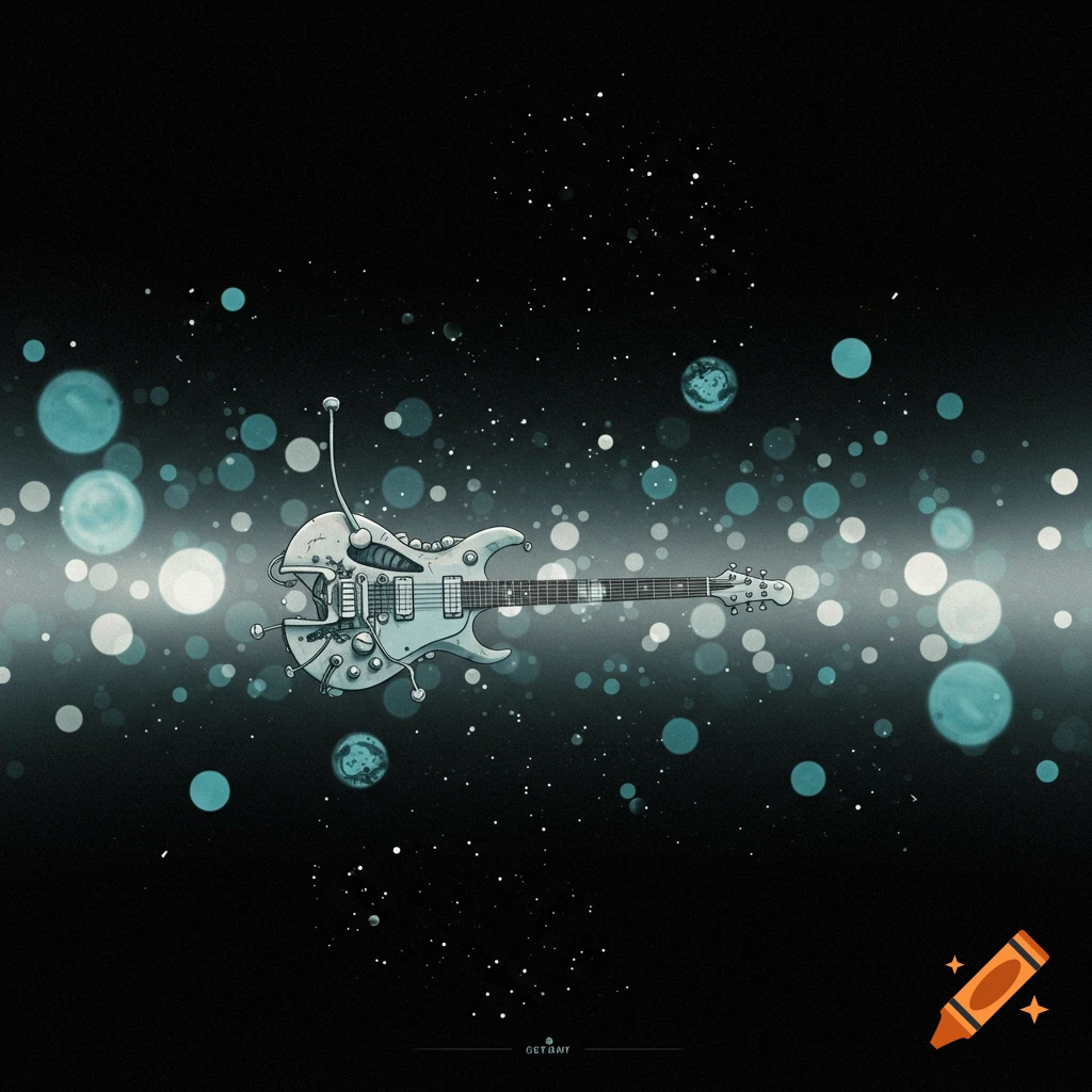 An artistic rendering of a sci-fi space guitar floating among stars and glowing light orbs.