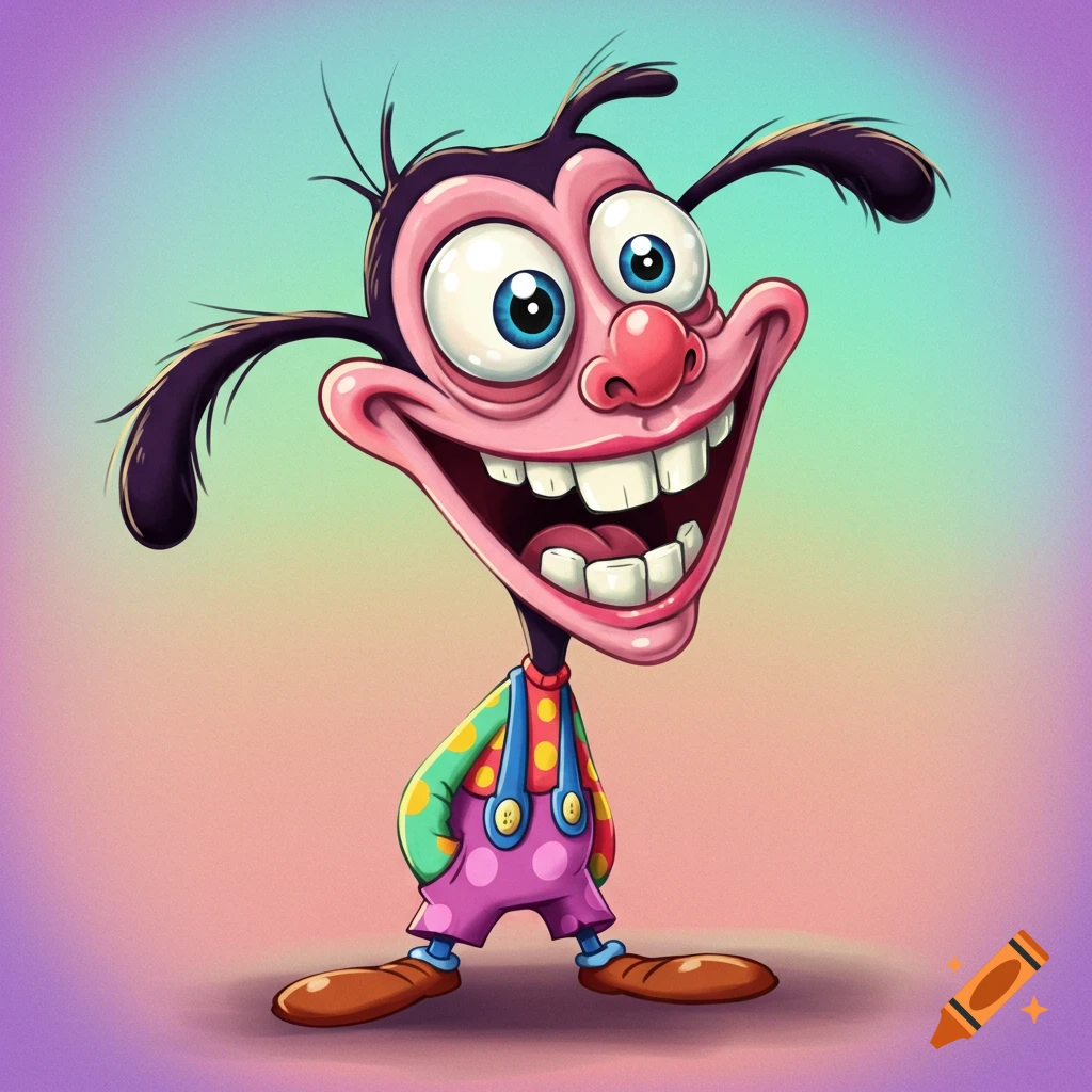 A cartoon creature with big eyes and teeth, wearing colorful polka-dot overalls.