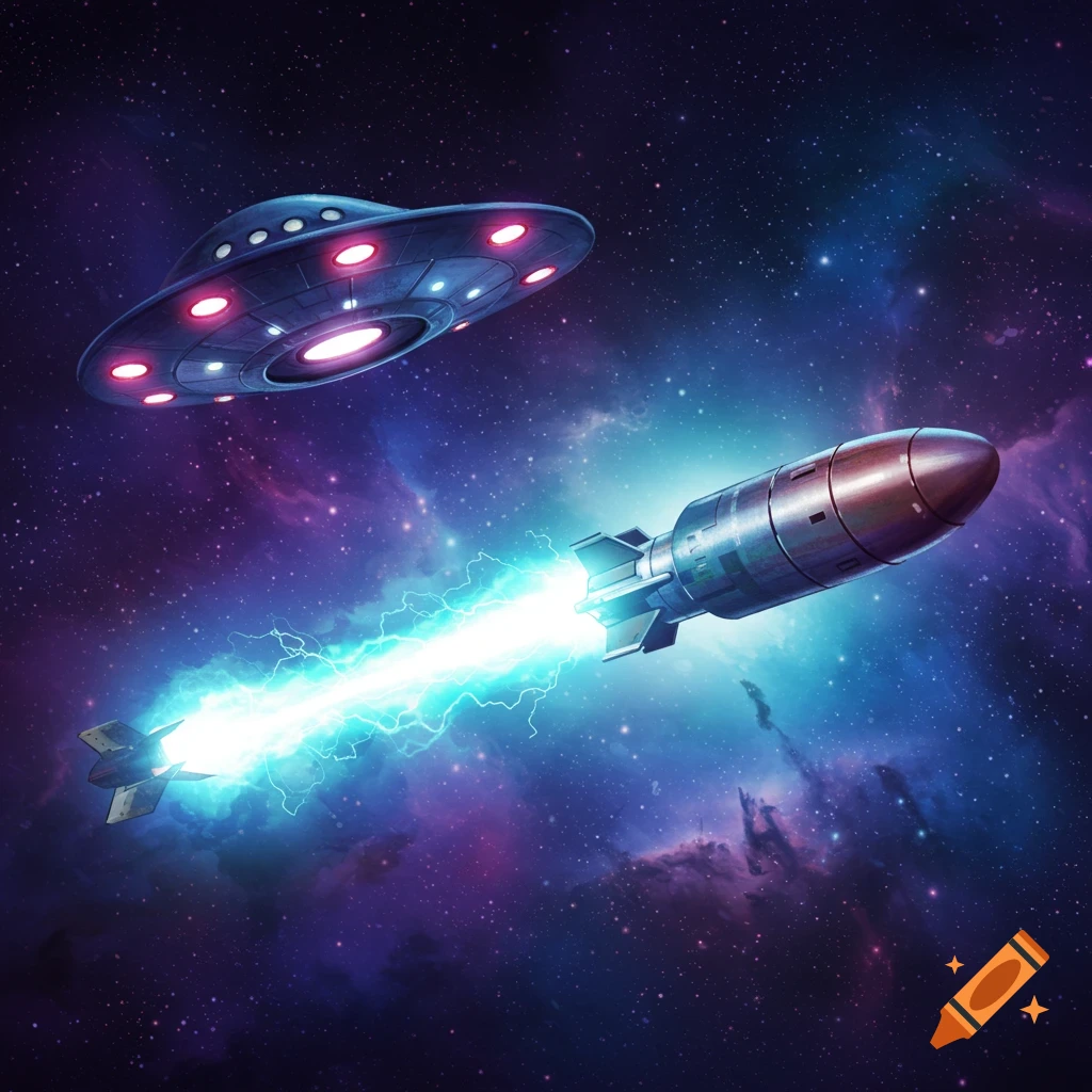 A flying saucer emits a beam of light towards a torpedo-like object in space.