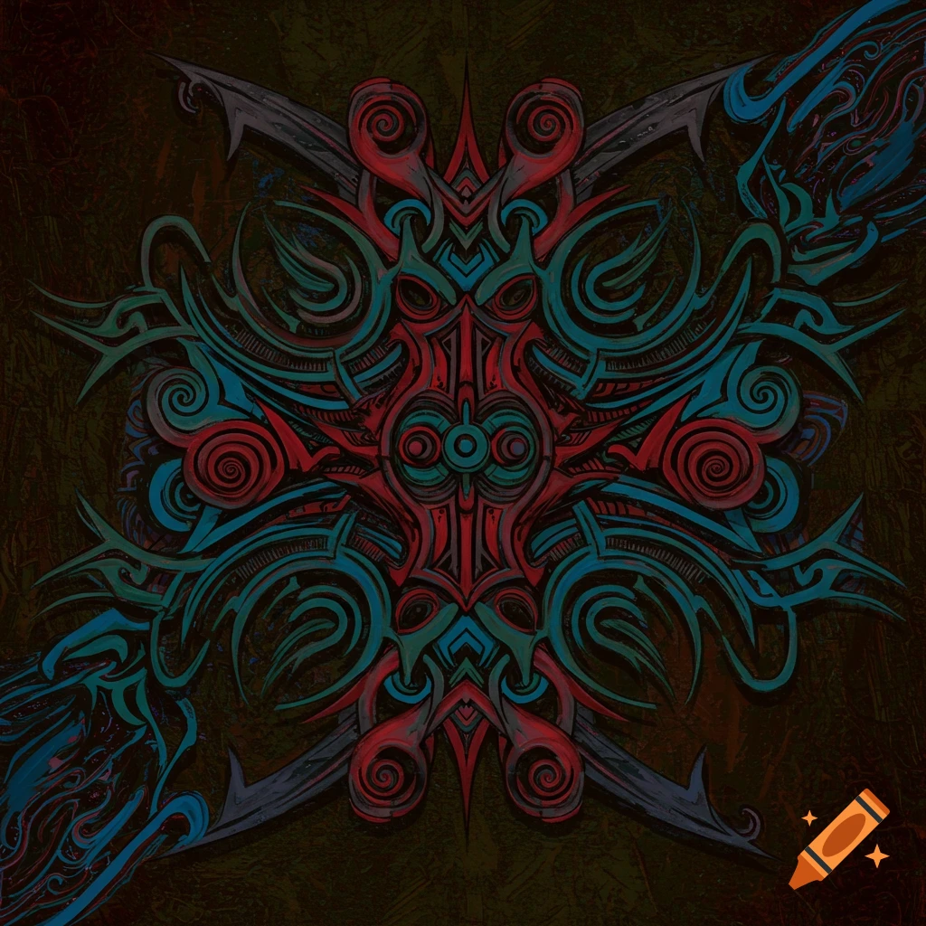 A symmetrical neo-tribal design in red and blue.