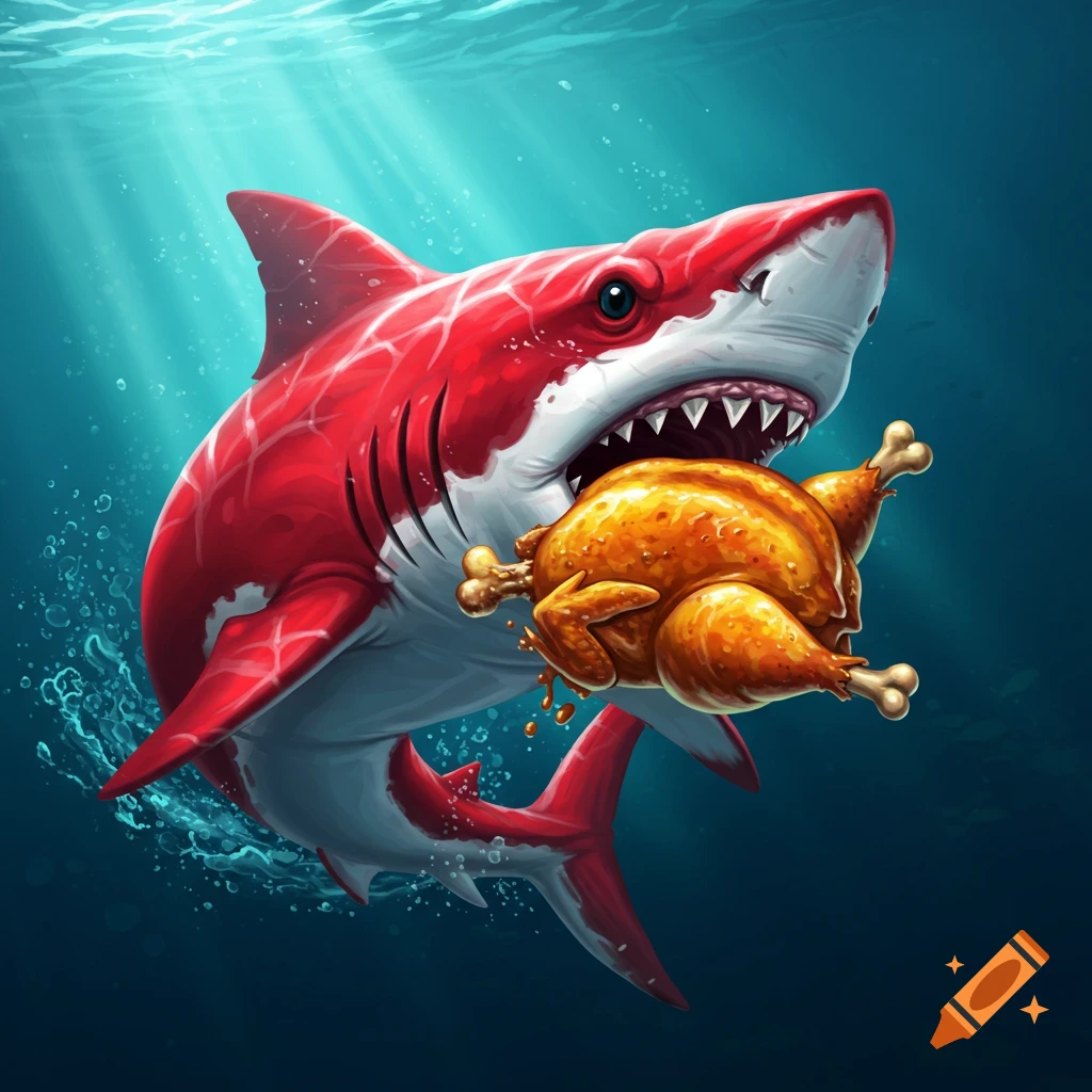 Red and white shark swimming underwater with a cooked chicken in its mouth, stylized illustration.