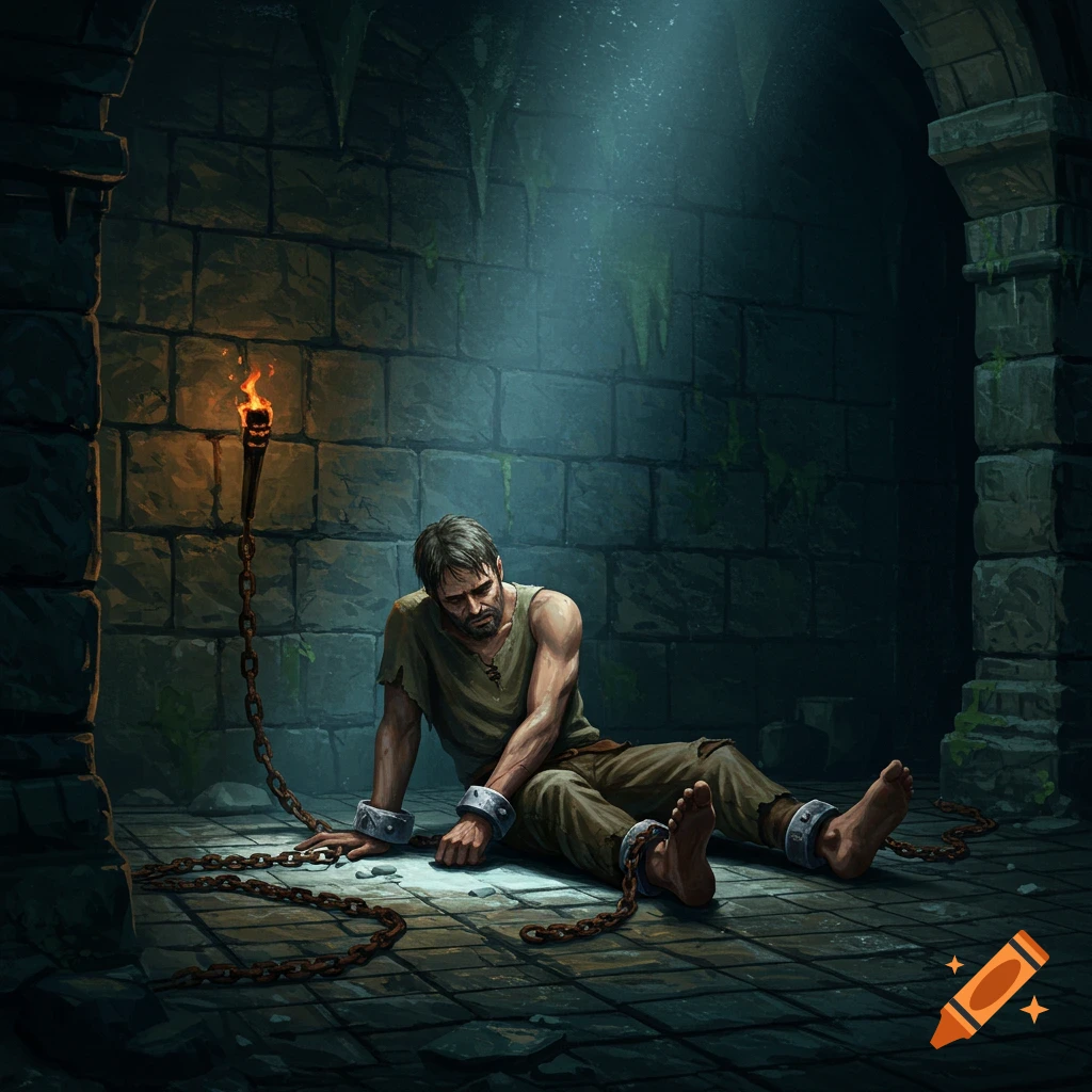 A man sits chained in a dark, stone dungeon, illuminated by a torch and sunlight.
