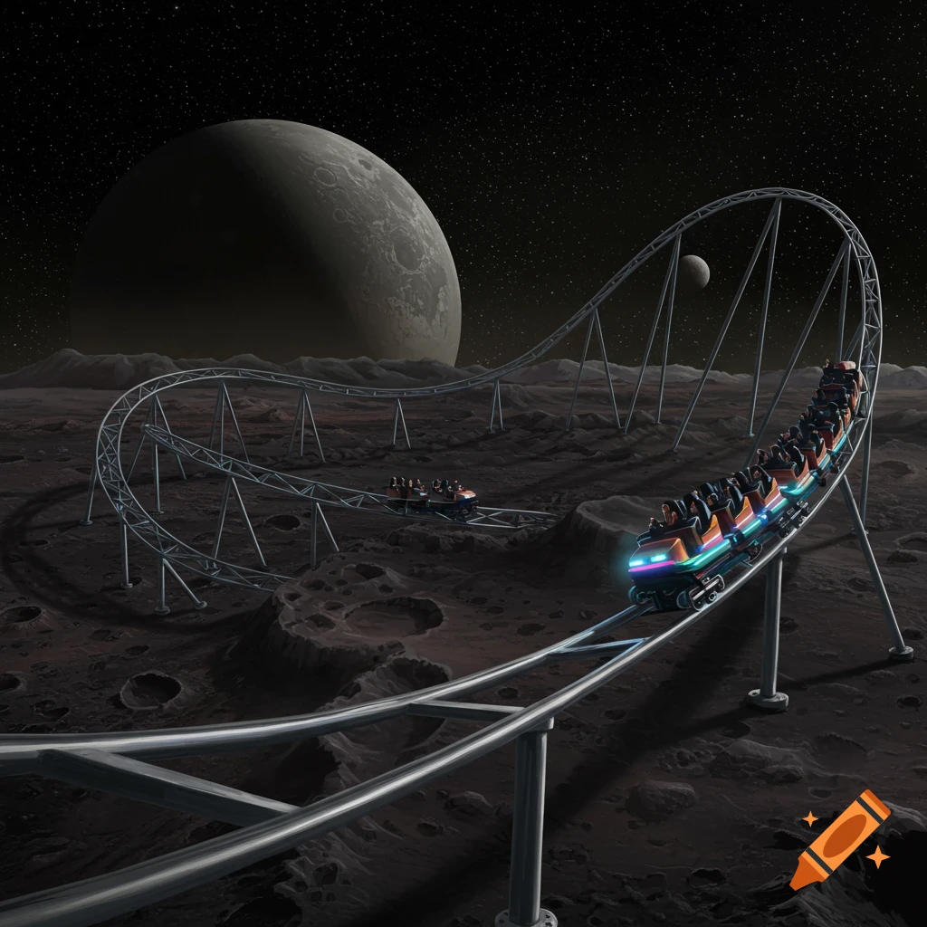A rollercoaster on a cratered moon surface under a starry sky with a large planet.