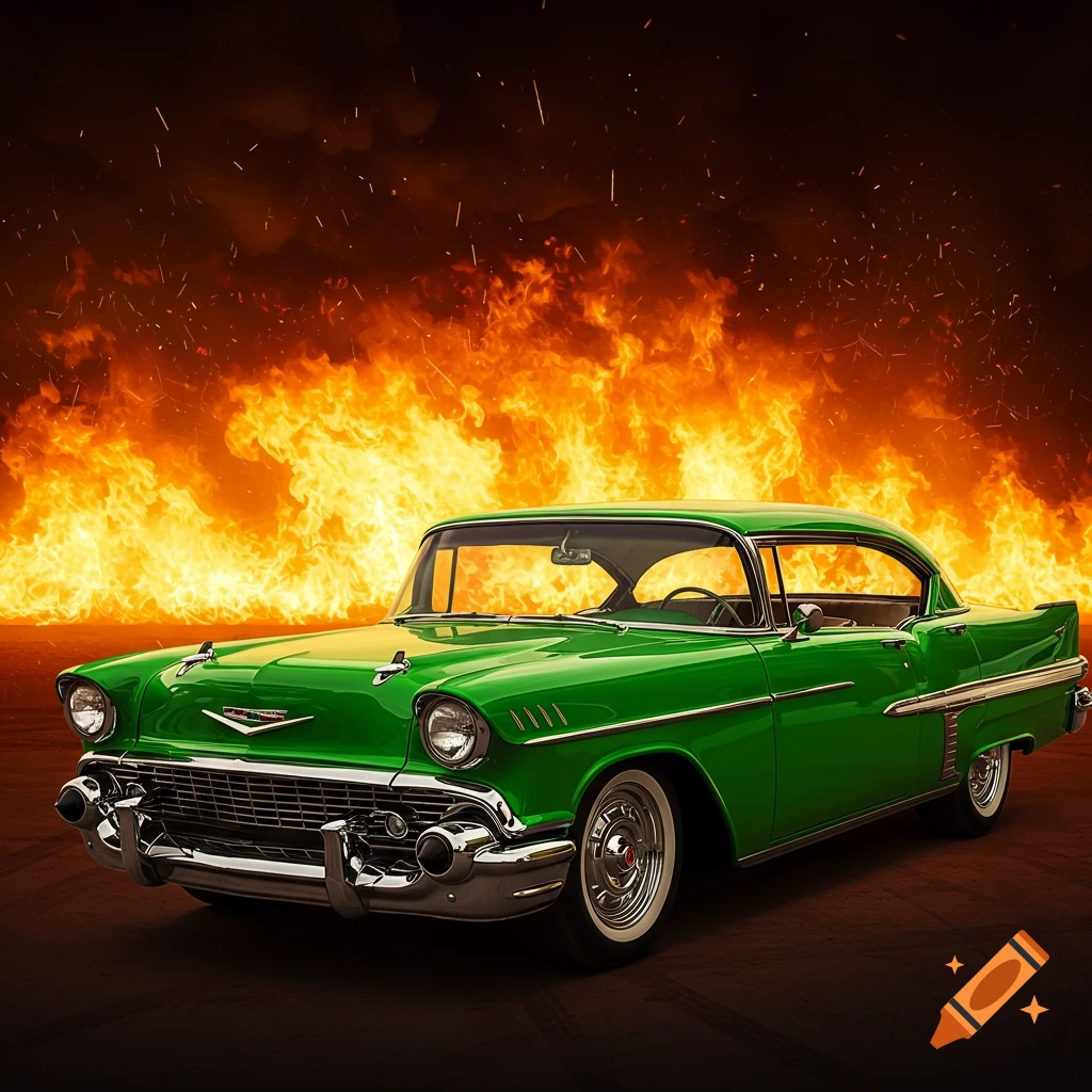 A bright green 1950s coupe sits in front of a large wall of fire.