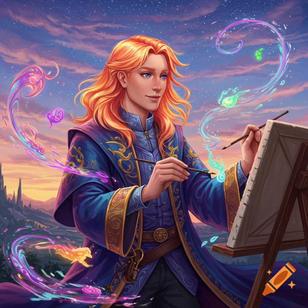 A man with red hair wearing a blue robe paints magical effects onto a canvas outdoors at sunset.