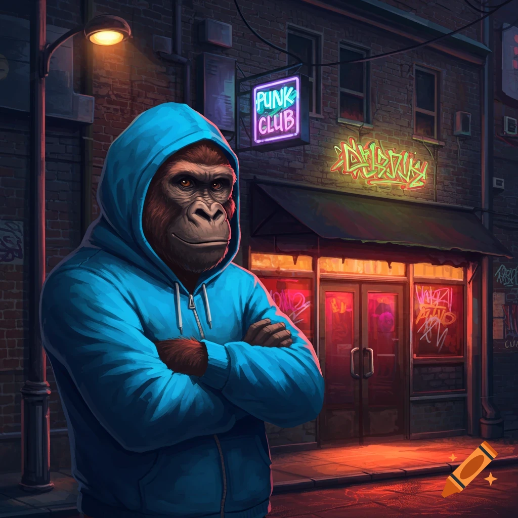 Anthro gorilla in blue hoodie stands with arms crossed outside a punk club at night. Illustration.