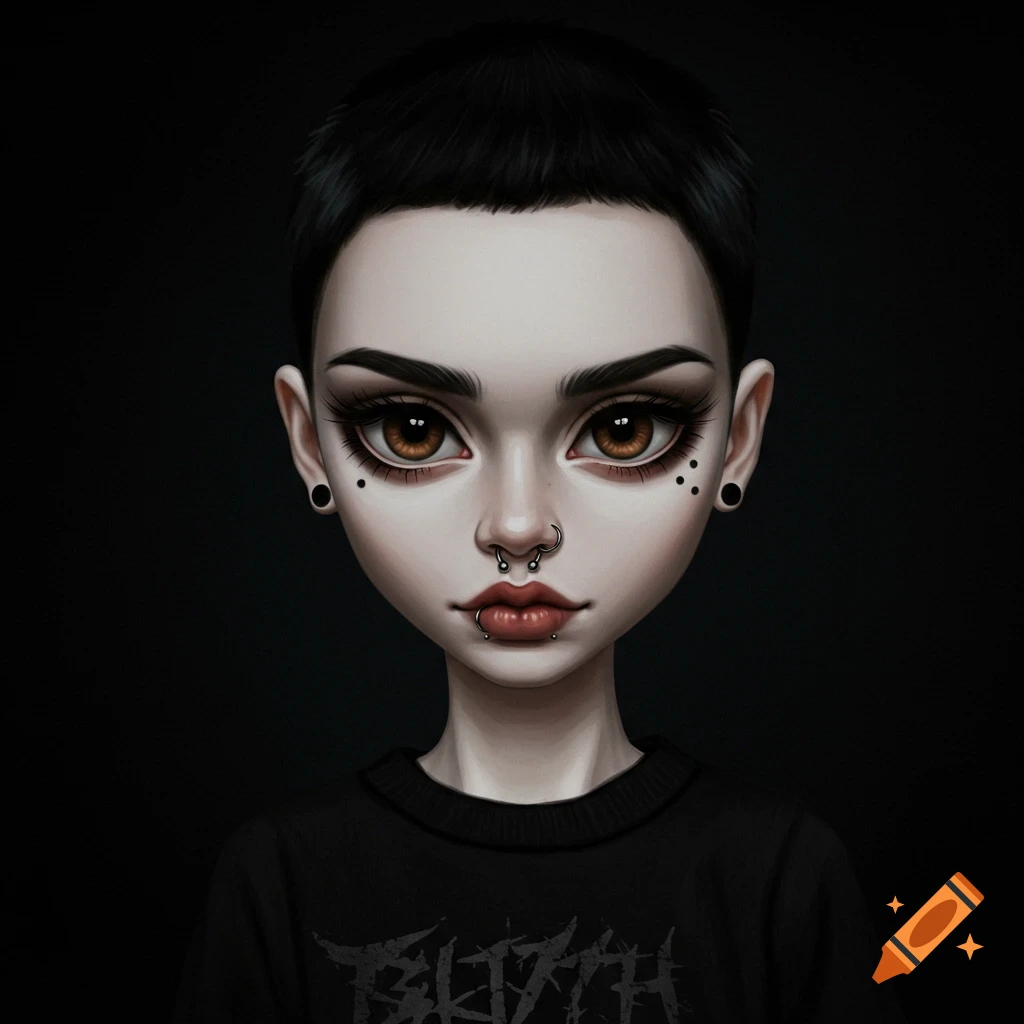 Stylized portrait of a young person with a buzzcut, piercings, and a band t-shirt