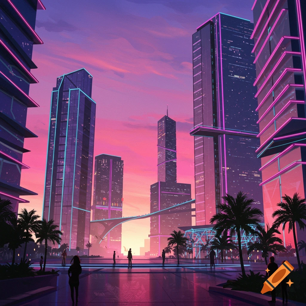 A stylized futuristic cityscape at sunset with neon-lit buildings, palm trees, and people on a wet surface.