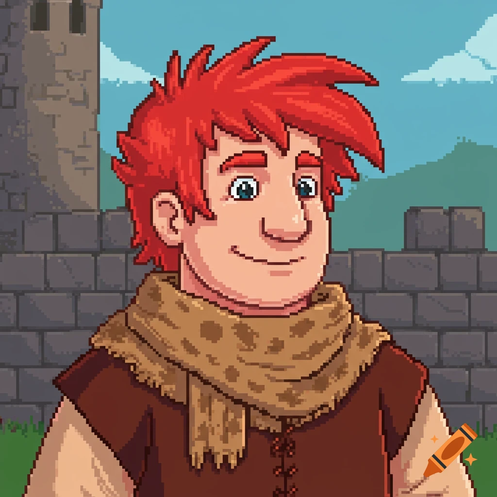 Pixel art portrait of a smiling medieval man with red hair and a scarf.
