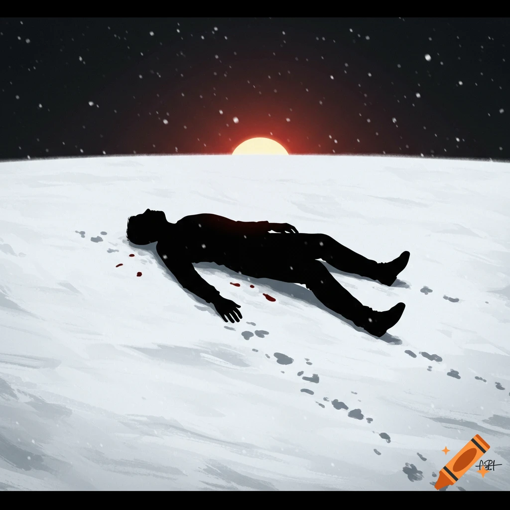 Silhouette of a man dead in the snow, tragic scene with a heartbroken feel. Silhouette of man dead in snow, good man, snow, dead, silhouette, heart breaking, tragic,. This image appears to depict a tragic scene, possibly containing graphic content such as death, which may not be suitable for all viewers. Please ensure the content aligns with the community guidelines before sharing or promoting further.