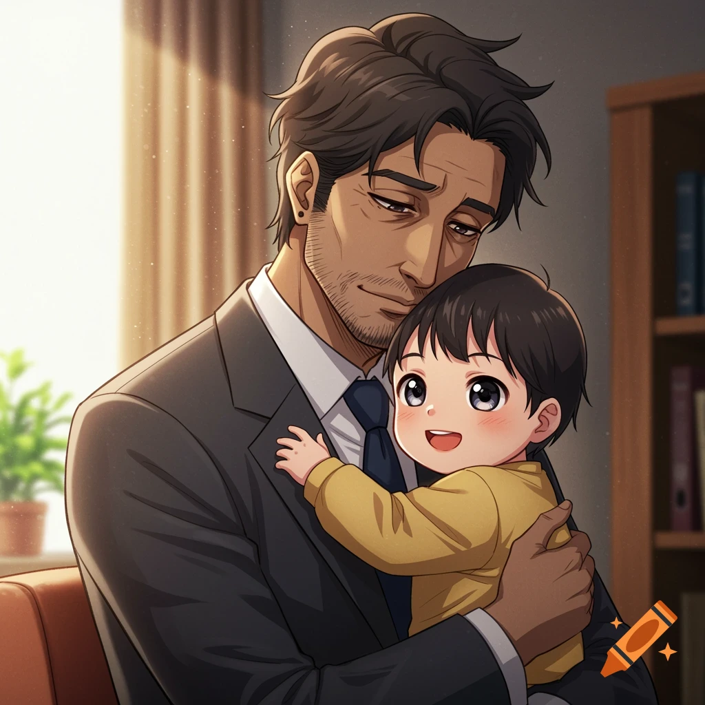 An anime illustration of a man in a suit holding a smiling baby.
