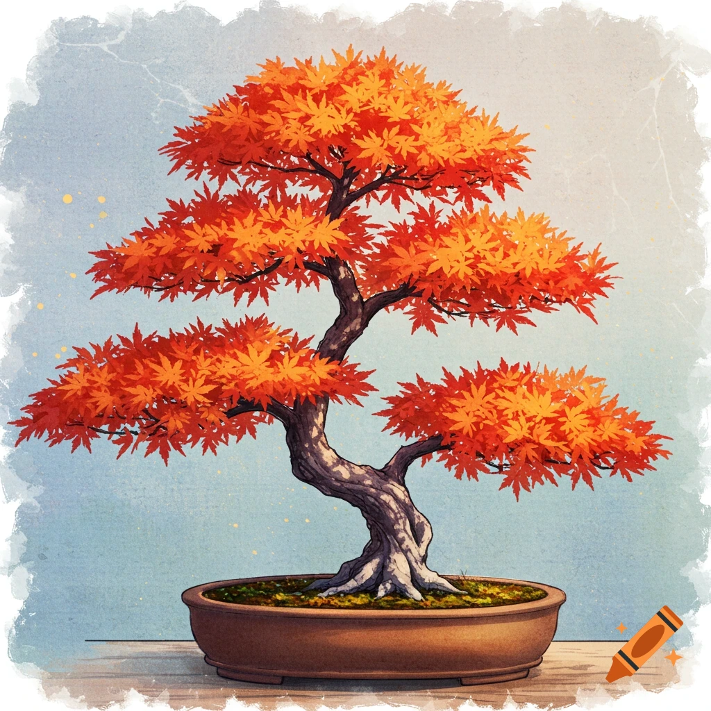 A watercolor illustration of a bonsai tree with bright orange and red leaves in a pot.