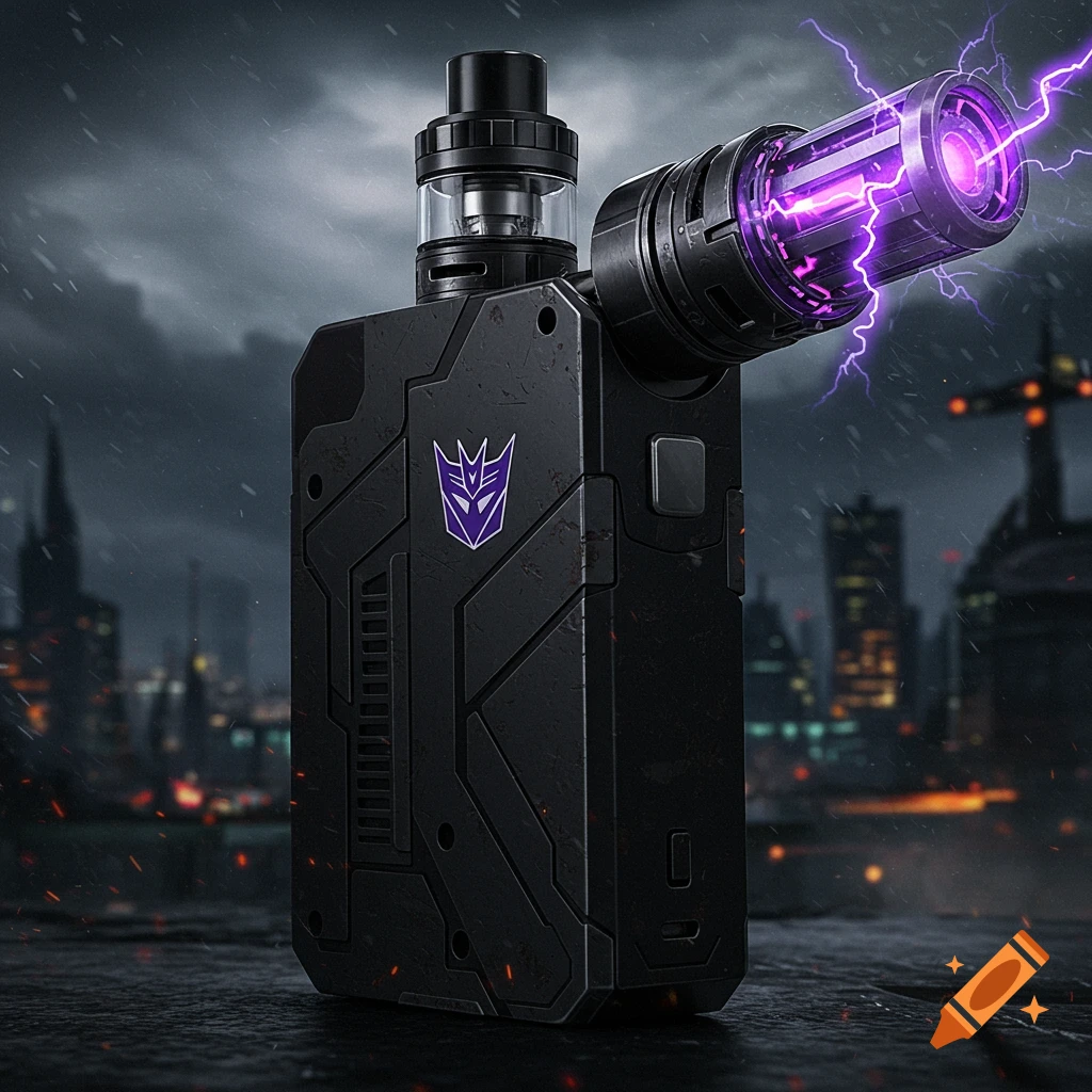A black, futuristic device with a purple Decepticon symbol and purple lightning, against a dark city skyline.